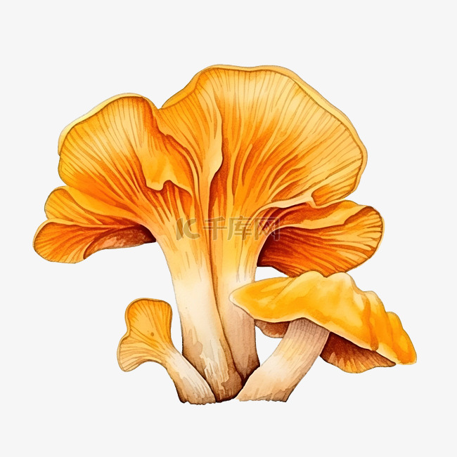 食用菌亮橙色鸡油菌蘑菇水彩插画