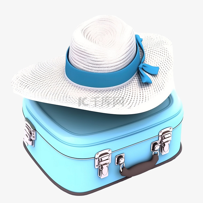 蓝色手提箱旅行行李带白帽 3D