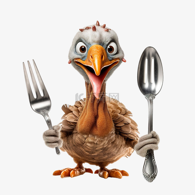 一只火鸡拿着勺子和叉子跑去参加