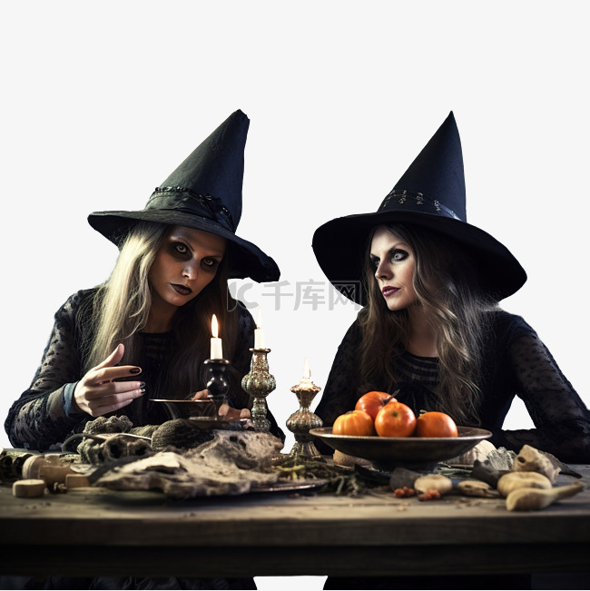 万圣节前夕，两个老式女巫坐在废