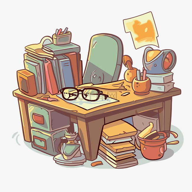 一张办公桌上摆满书籍和随机物体