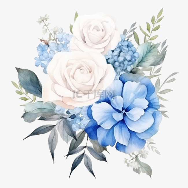 水彩美丽的白玫瑰和蓝色石墨植物