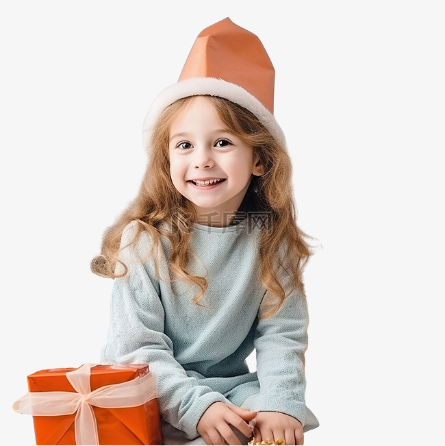 戴帽子的漂亮小女孩坐在礼物和圣