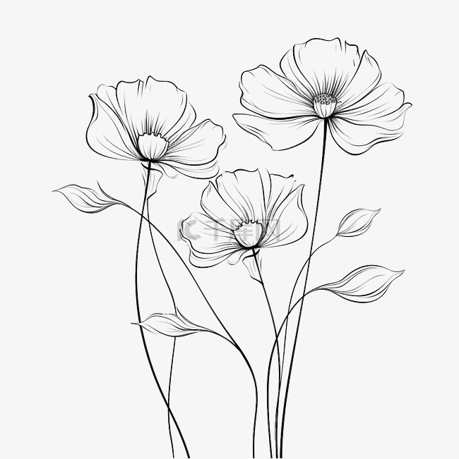 连续线轮廓画风格的抽象花朵