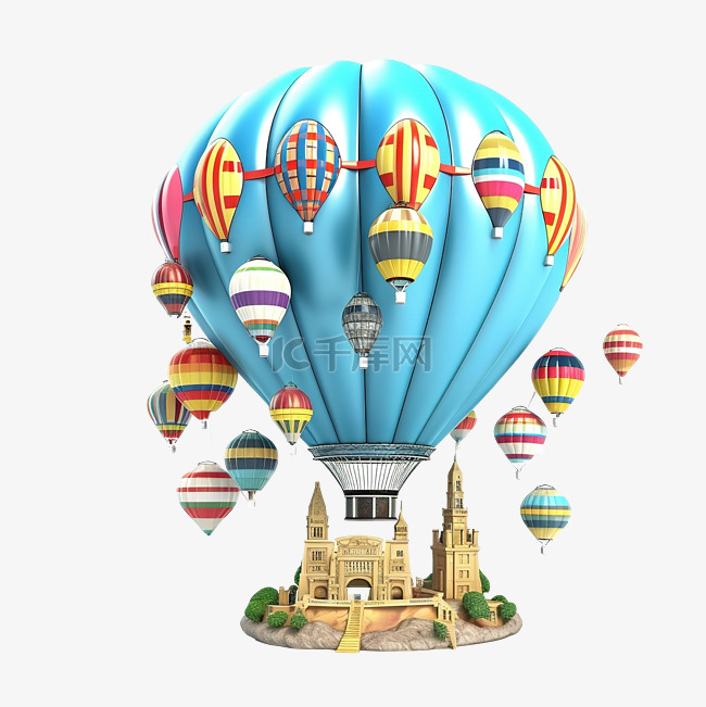 乘气球环游世界的 3d 插图