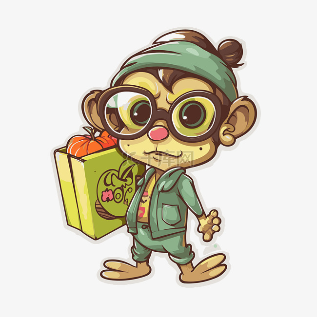 卡通猴子南瓜和礼品袋贴纸剪贴画