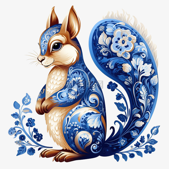 圣诞松鼠矢量图蓝色瓷手绘冬季人