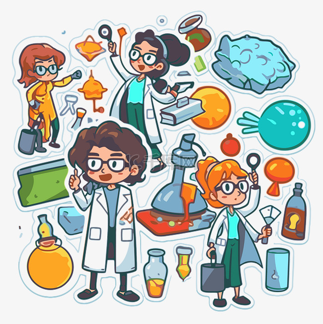 卡通化学和科学相关对象贴纸集剪