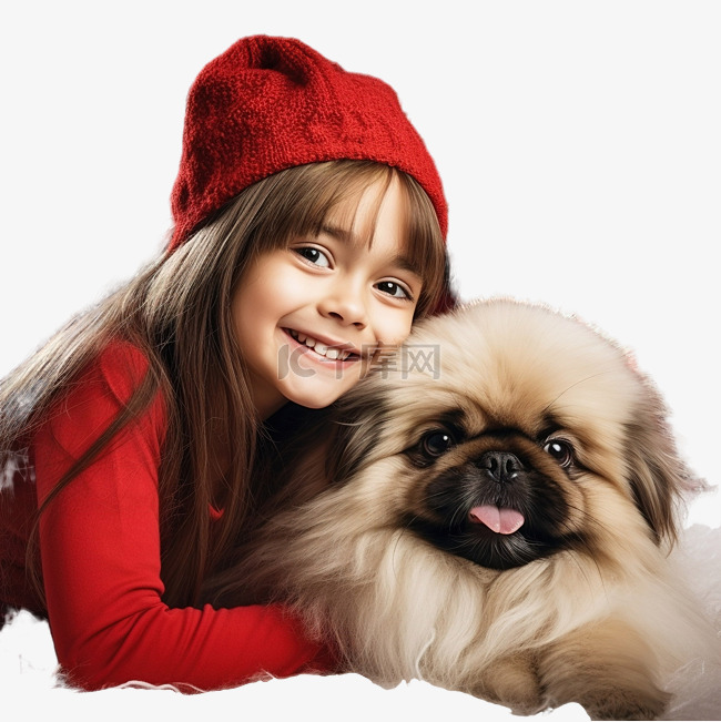 女孩在圣诞树附近的家中与北京狗