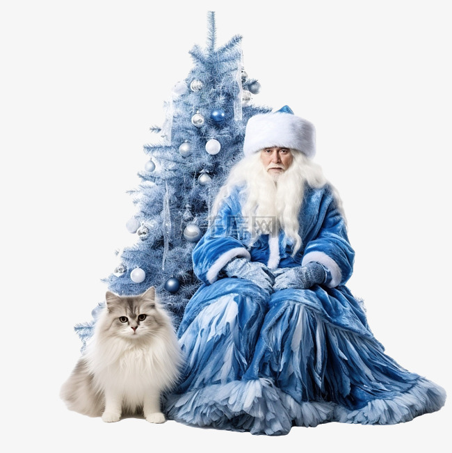 圣诞树附近穿着蓝色毛皮大衣的美