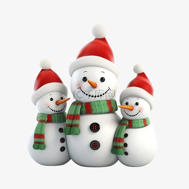 3D 渲染可爱的雪人与快乐的孩