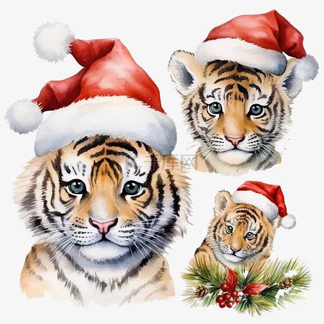水彩画圣诞节套装，配有老虎和节