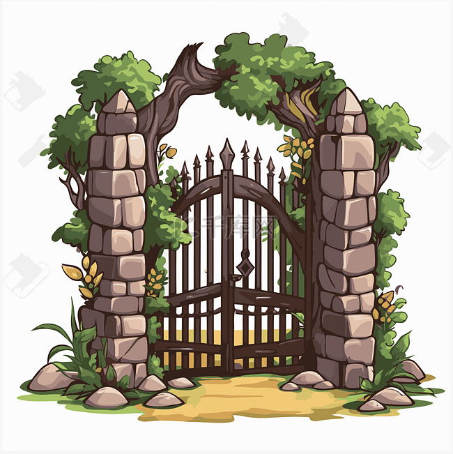 门剪贴画卡通门与岩石和树木 向