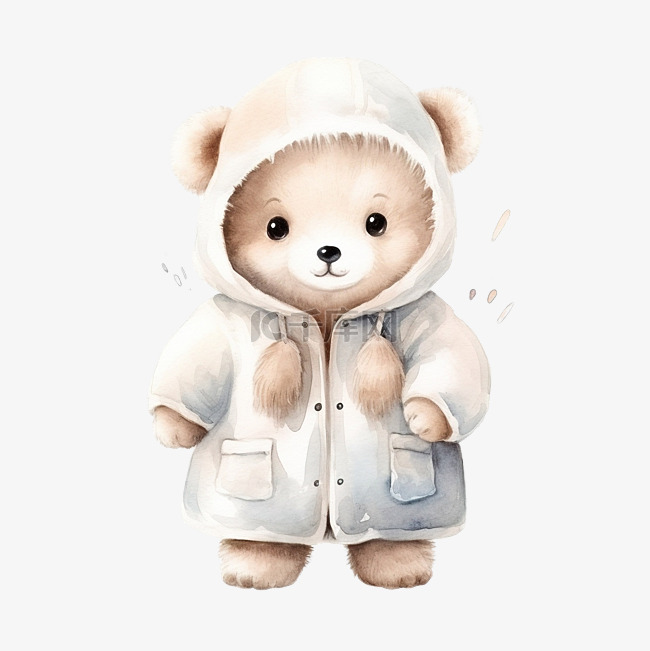 可爱的小熊穿着白大褂，站在水彩