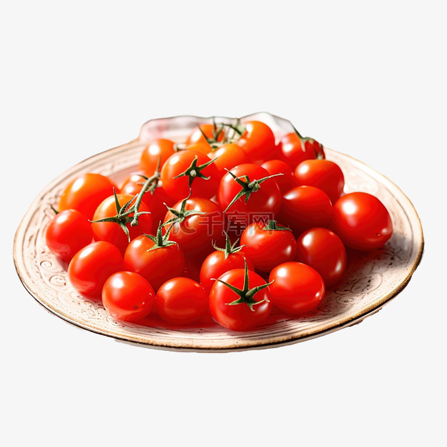 木桌上的盘子上的新鲜樱桃番茄