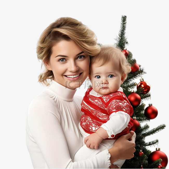 圣诞树旁手上抱着女婴的慈爱母亲