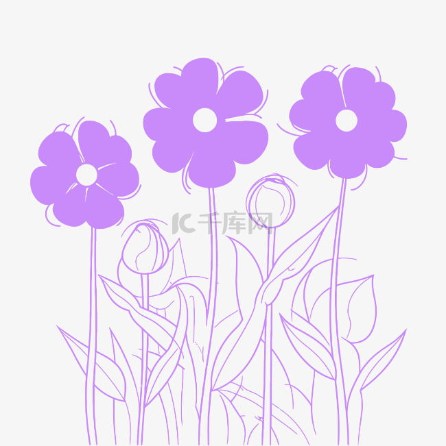 四朵紫色花朵免费着色轮廓素描 