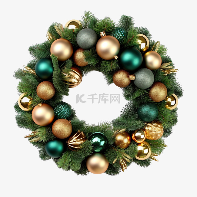 圣诞花环装饰松叶和彩色圣诞球