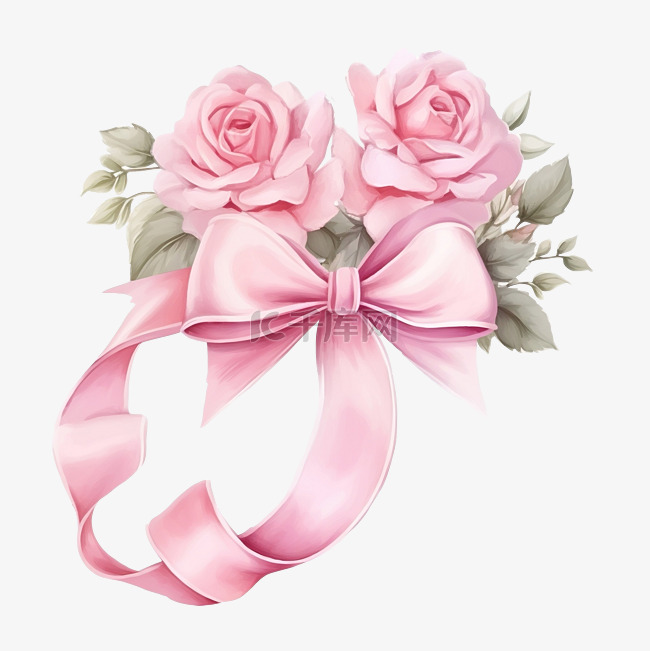 可爱的水彩玫瑰粉色软丝带横幅标