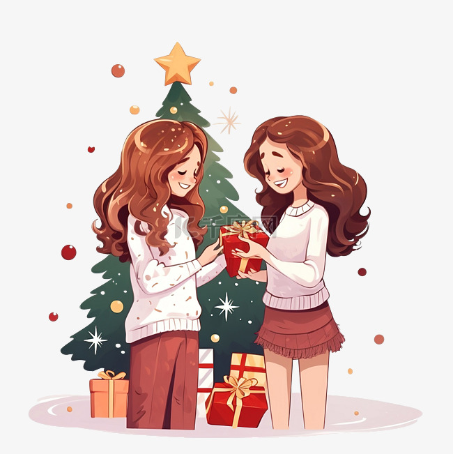 两个女朋友在圣诞树附近互相送礼