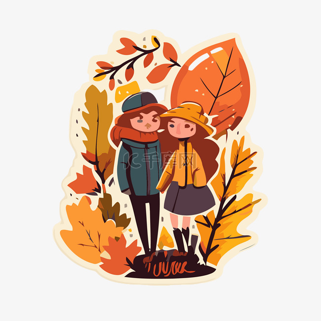 贴纸上一对秋天落叶的情侣的卡通