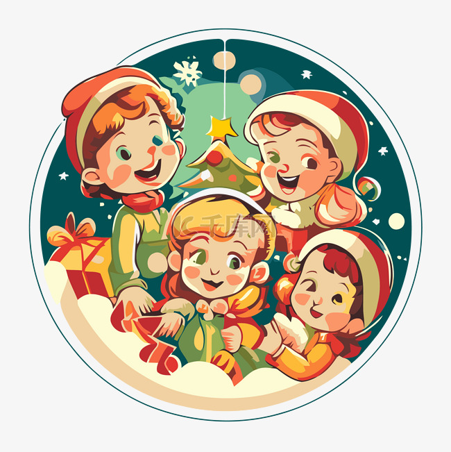 圆形海报有 4 个儿童的圣诞场