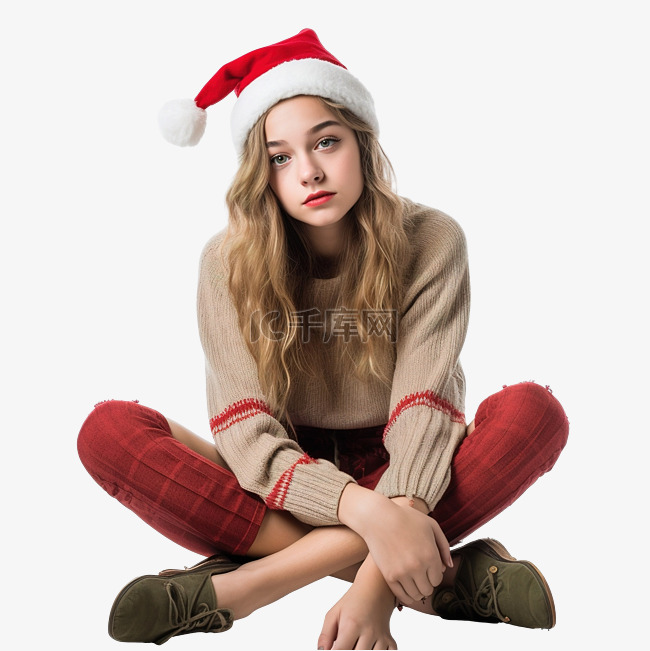 圣诞节假期里的女孩坐在地板上看