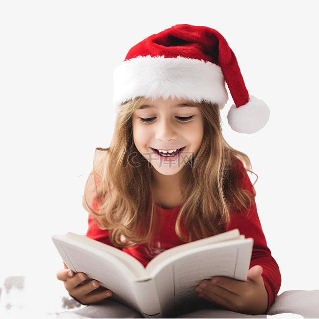戴着圣诞帽的可爱小女孩在家看书