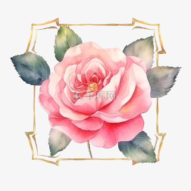 水彩粉红色英国玫瑰与金框