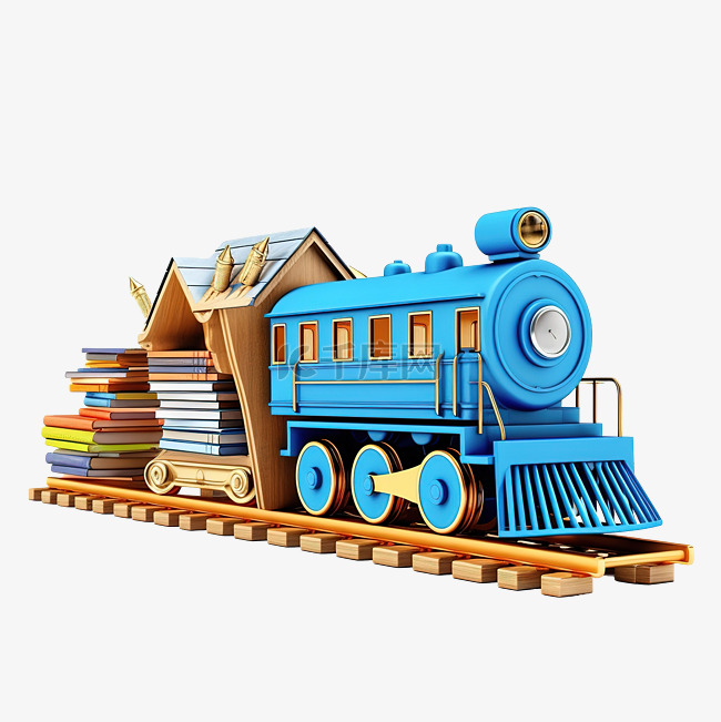 3d 蓝色机车与木制货车与学校