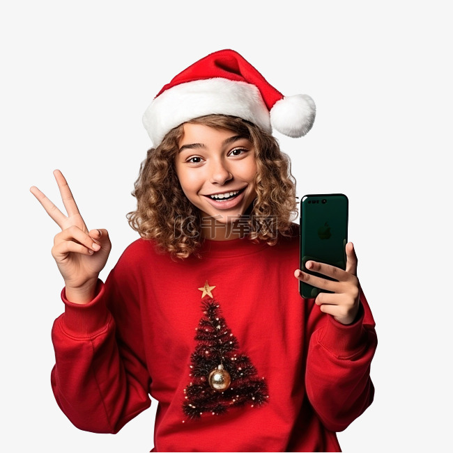 庆祝圣诞假期的女孩做电话手势