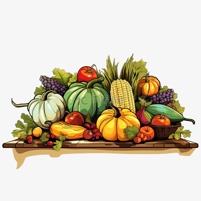 彩色感恩节场景，桌上有蔬菜静物