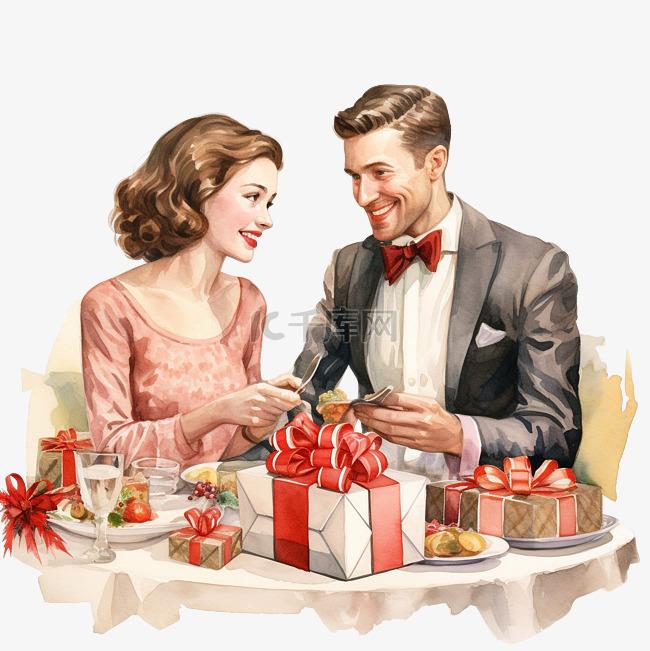 节日情侣在圣诞晚宴上赠送和接受