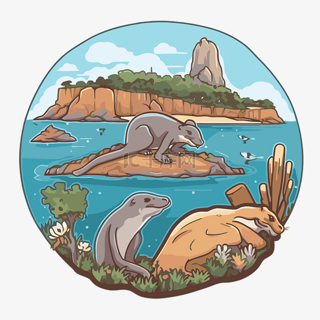 带有水獭和海狮的圆形卡通插图 