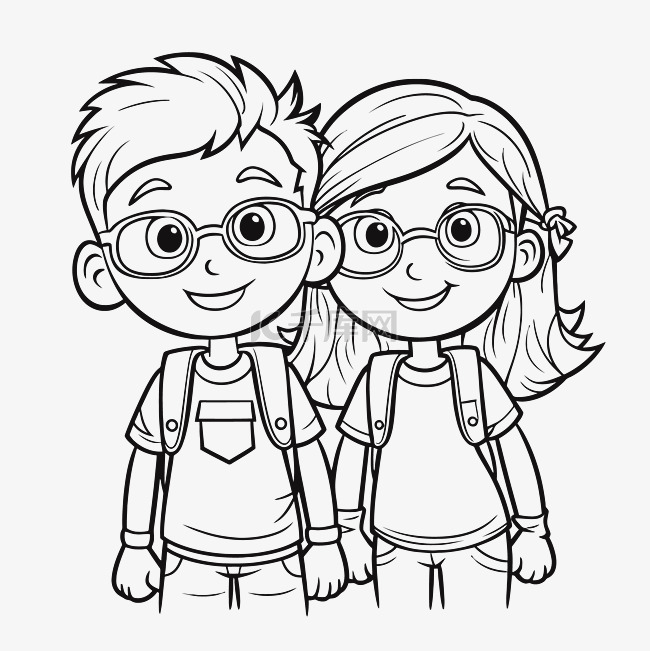 两个戴眼镜的孩子，着色页勾勒出