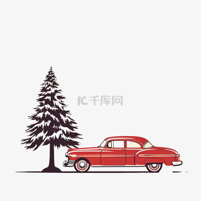 顶上有树的复古红车圣诞景观卡设