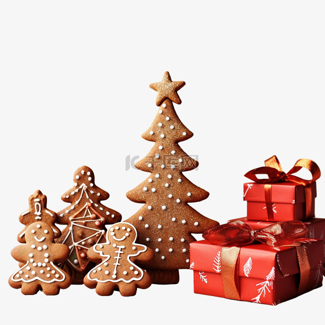 圣诞树形状的圣诞姜饼和红色的工