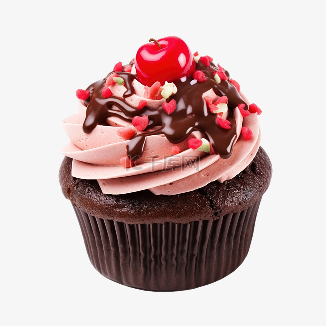 草莓巧克力蛋糕配樱桃装饰和糖粉