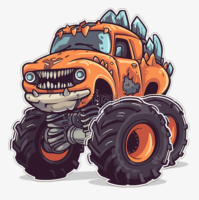 卡通橙色怪物卡车有很多牙齿剪贴