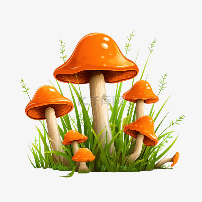 橙色蘑菇和草插画