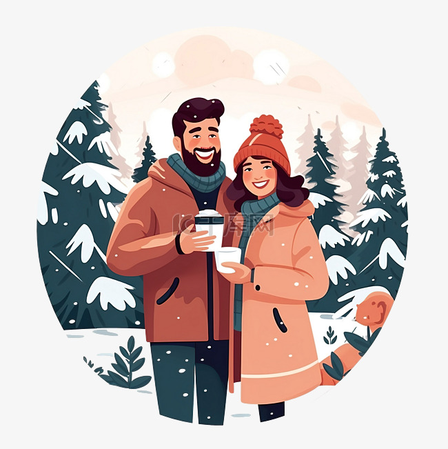 在冬季森林里喝咖啡的幸福情侣让
