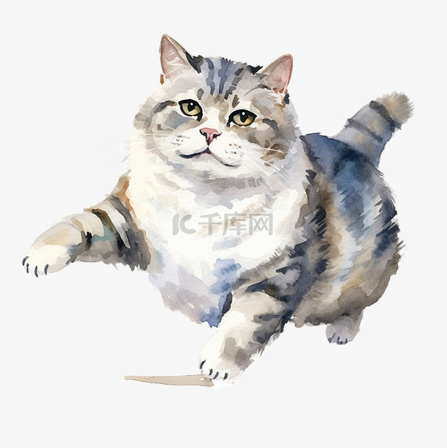 一只胖乎乎的猫的水彩画，有黑白