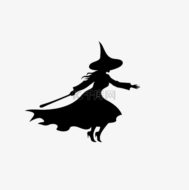 戴帽子的女巫骑着扫帚飞翔黑色剪