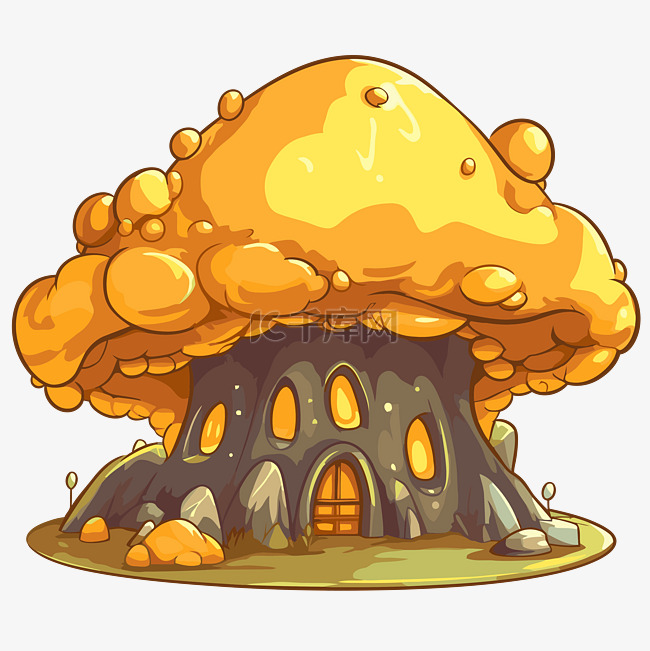 体积剪贴画蘑菇屋被黄色气泡和岩