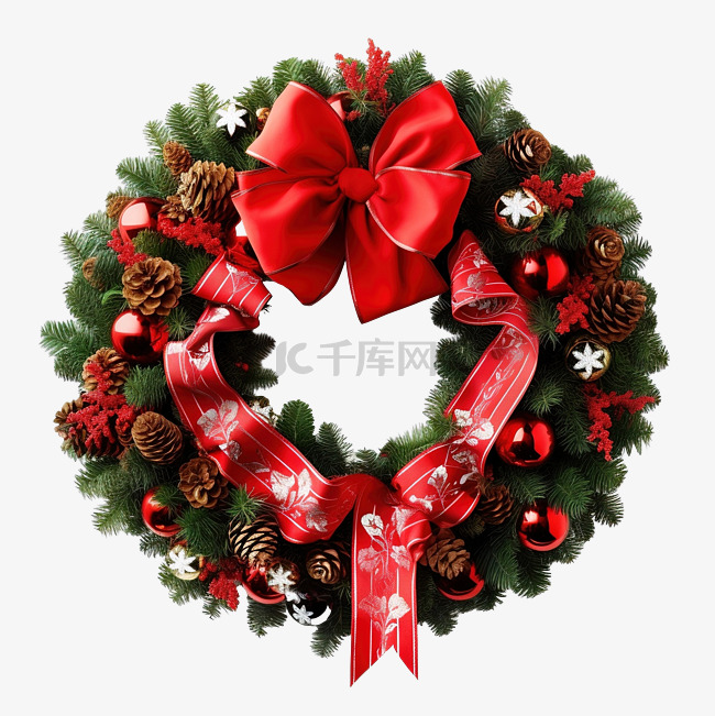 圣诞花环与红丝带隔离传统圣诞装