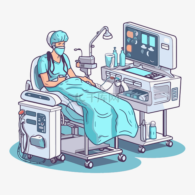 麻醉科剪贴画医生在床上用扫描仪