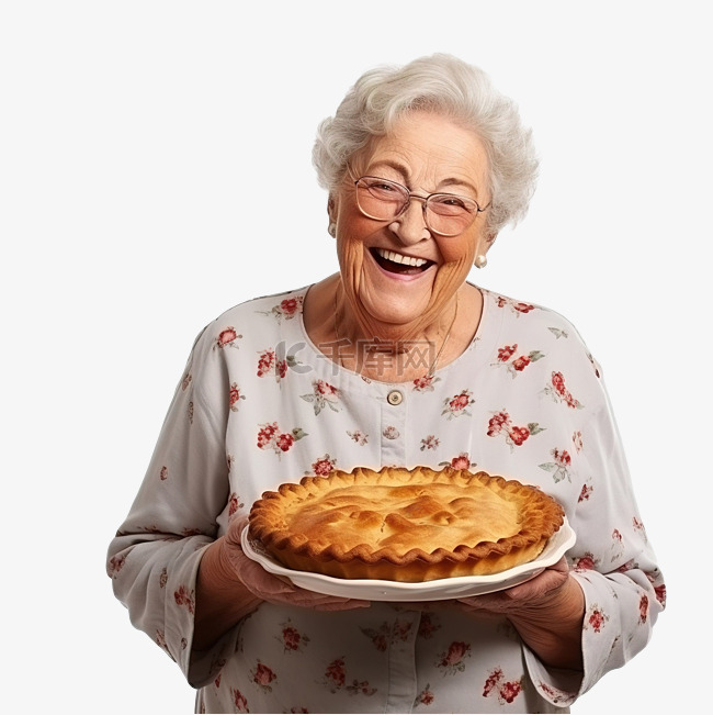 微笑的老祖母拿着自制的馅饼
