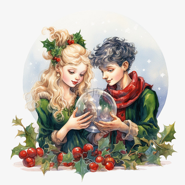 圣诞贺卡与冬青和精灵与玻璃小玩