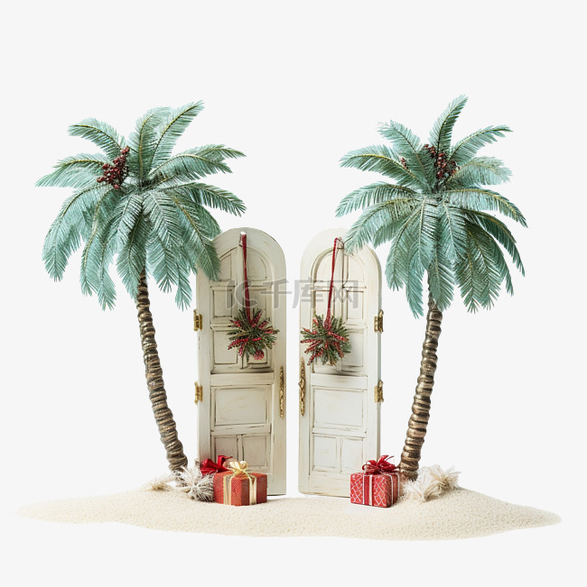 微型圣诞树，门可俯瞰海滩和棕榈