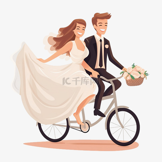 美丽的年轻刚结婚的新婚夫妇骑自
